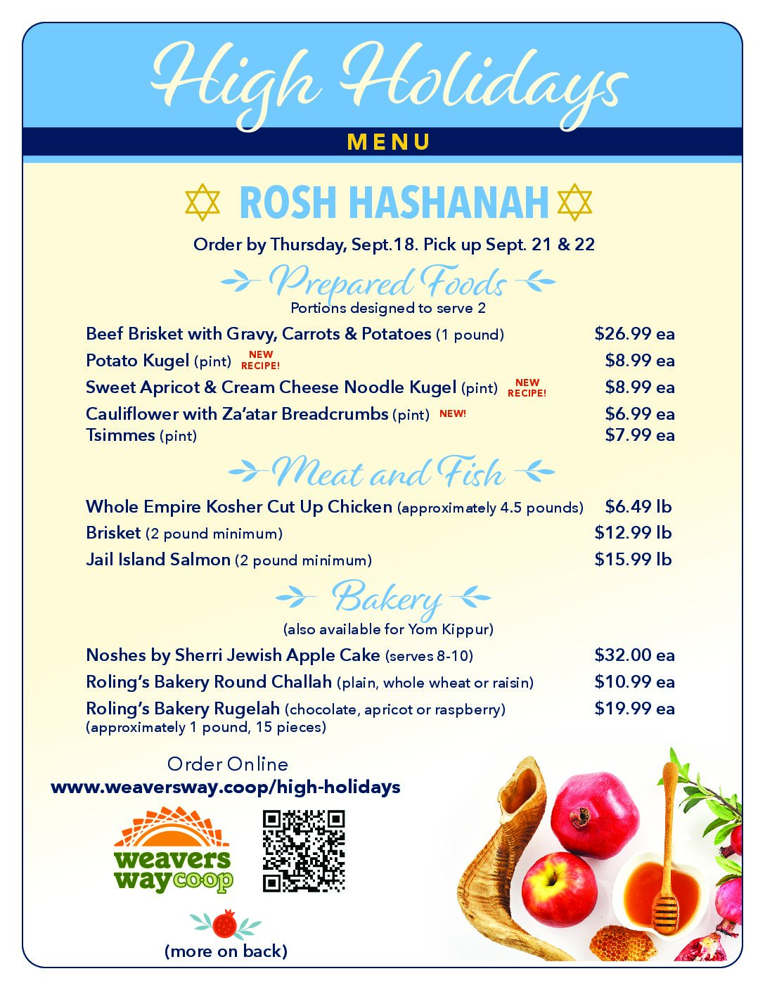 weavers way high holidays menu - front