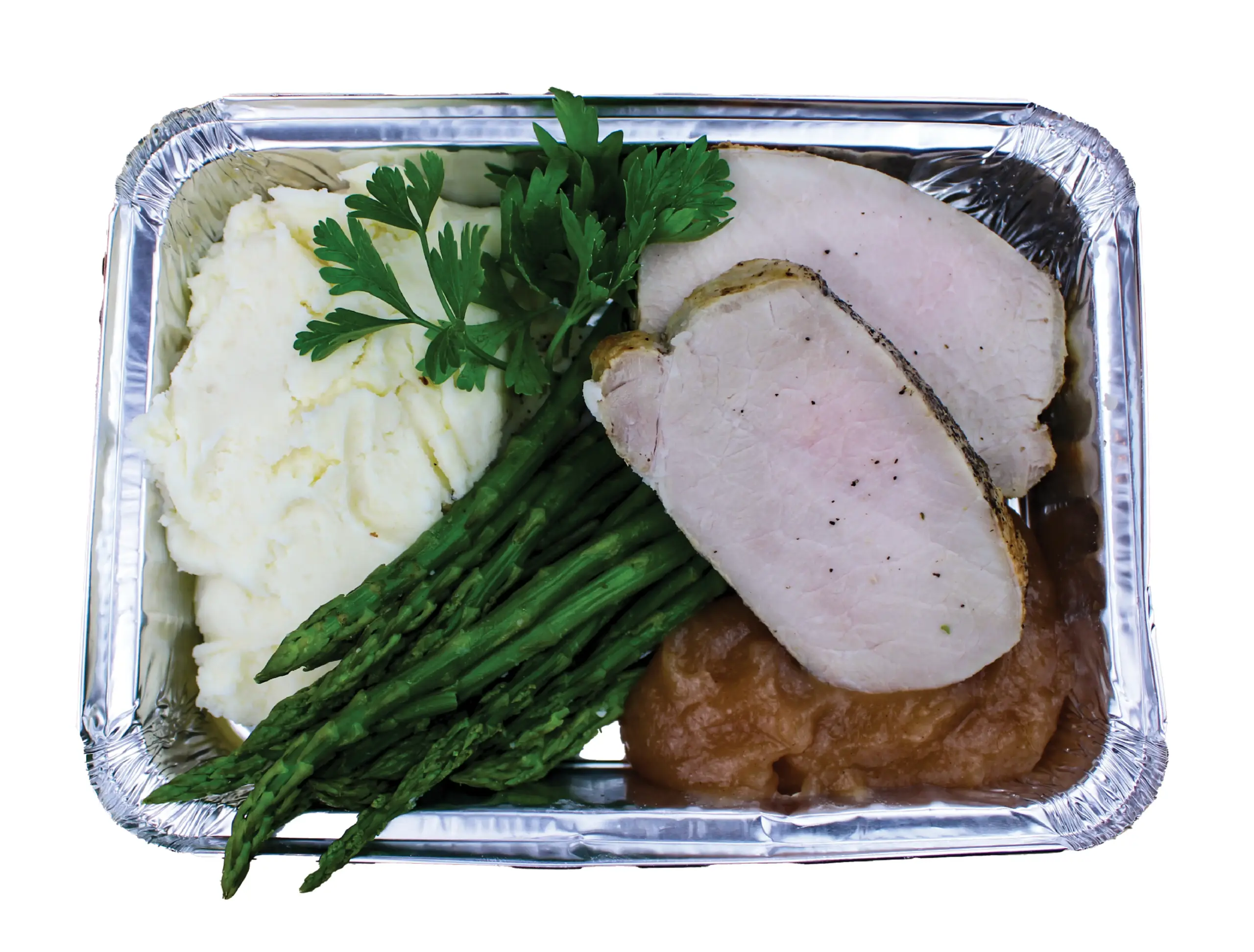 weavers way roasted leidy's pork loin with mashed potatoes, asparagus and applesauce.